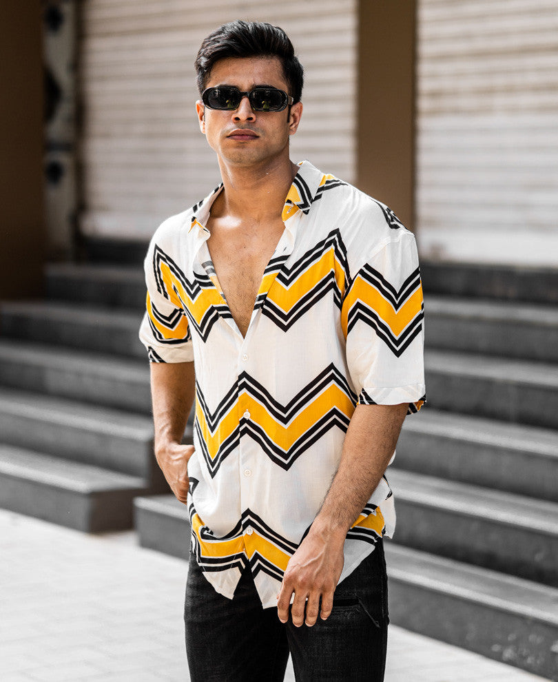 White And Mustard Zig Zag Oversize Drop Shoulder Shirt