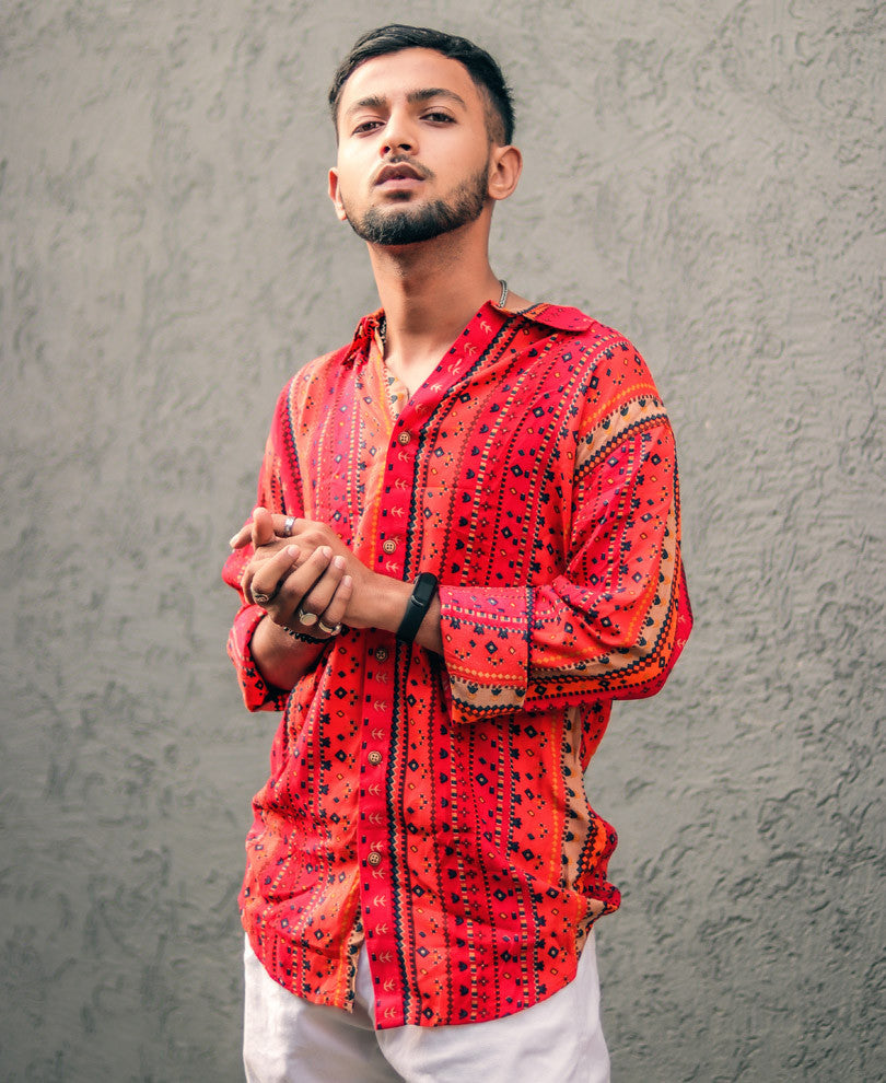 Red Vertical Stripe Mix Printed Full Sleeves Shirt
