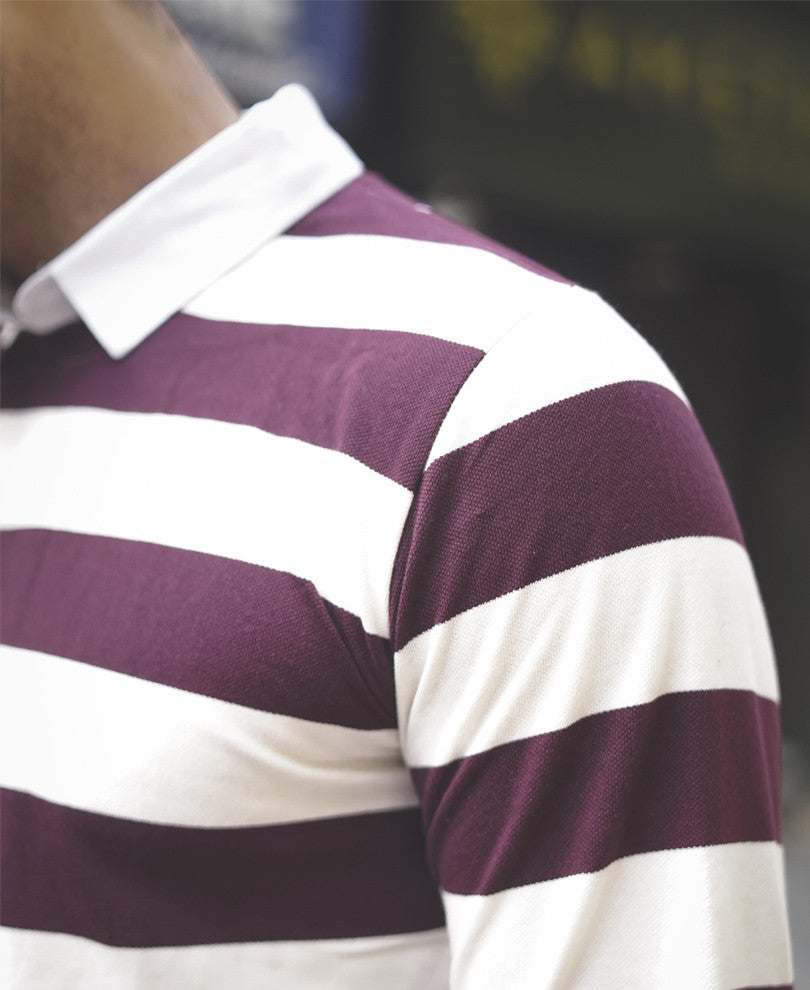 Maroon and White Collar Attached Full Sleeves T Shirt