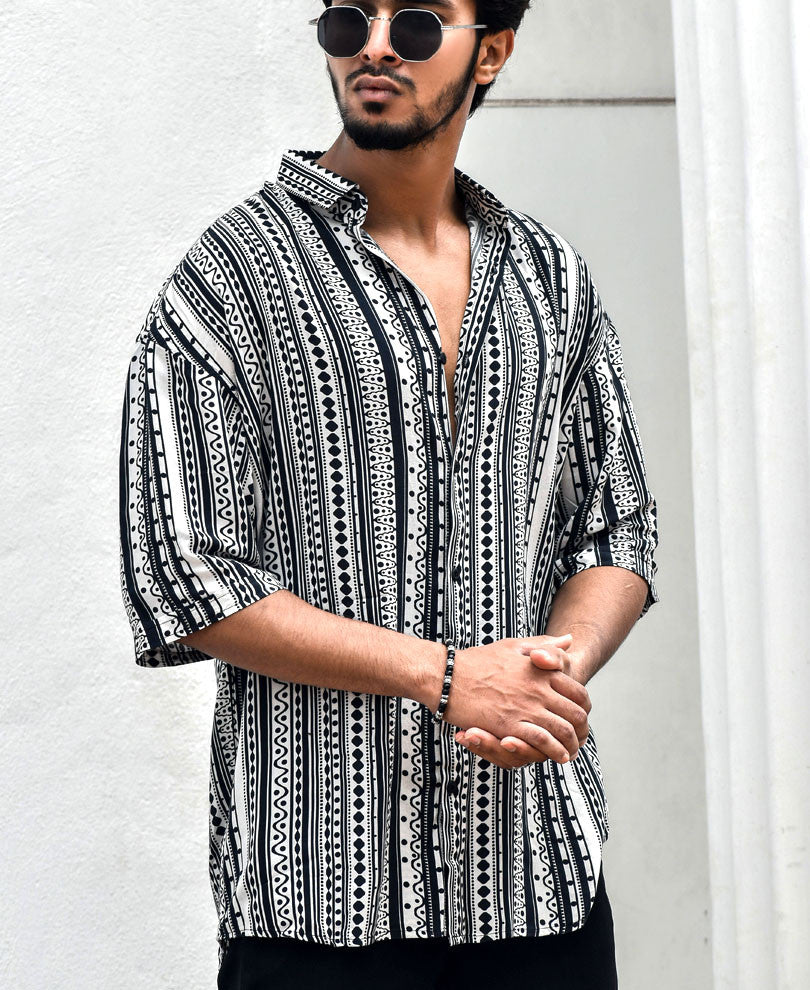 White Ethnic Print Oversize Drop Shoulder Shirt