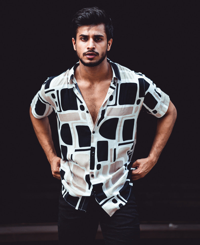 Black And Cream Icon Print Half Sleeves Shirt