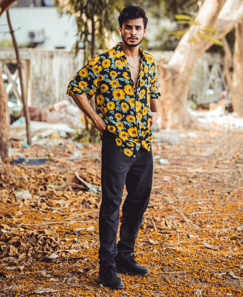 Black And Yellow Sunflower Print Oversize Drop Shoulder Shirt