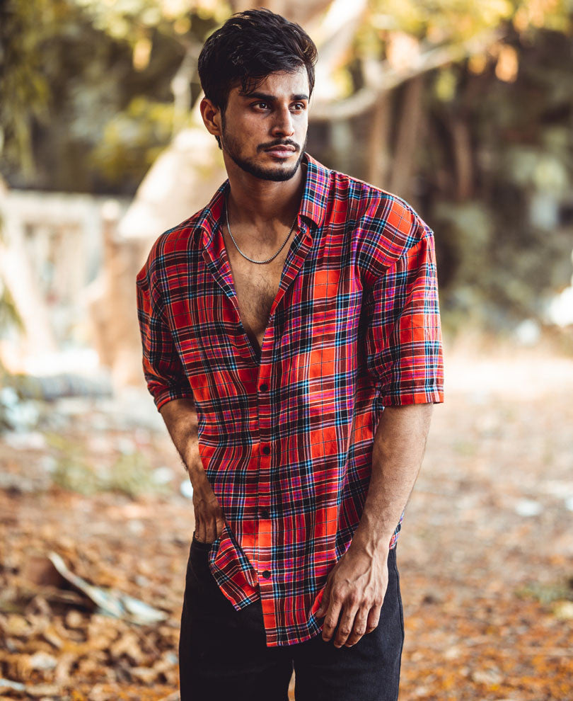 Red Checks Oversize Drop Shoulder Shirt