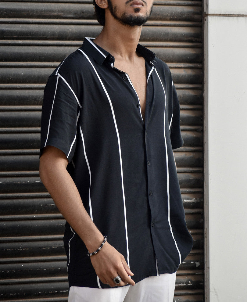 Black With White Vertical Stripe Half Sleeves Shirt