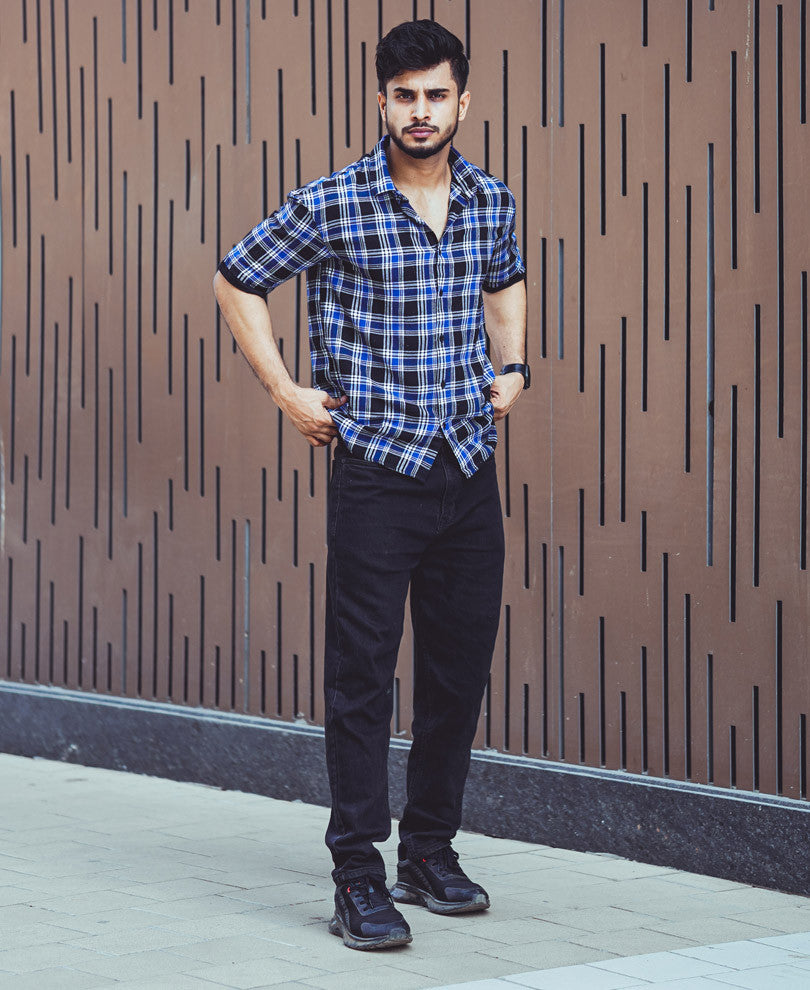 Blue And Black Checks Oversize Drop Shoulder Shirt