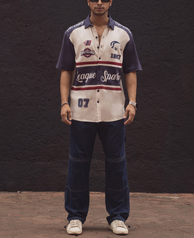 Navy Blue and Off White Printed Oversized Half Sleeves Shirt