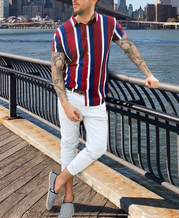 Maroon And Navy Blue Stripes Print Half Sleeves Shirt
