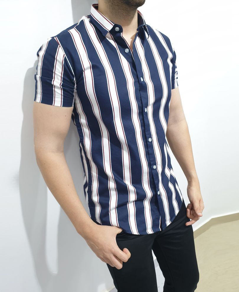 Urban Navy Blue And White Stripes Print Half Sleeves Shirt
