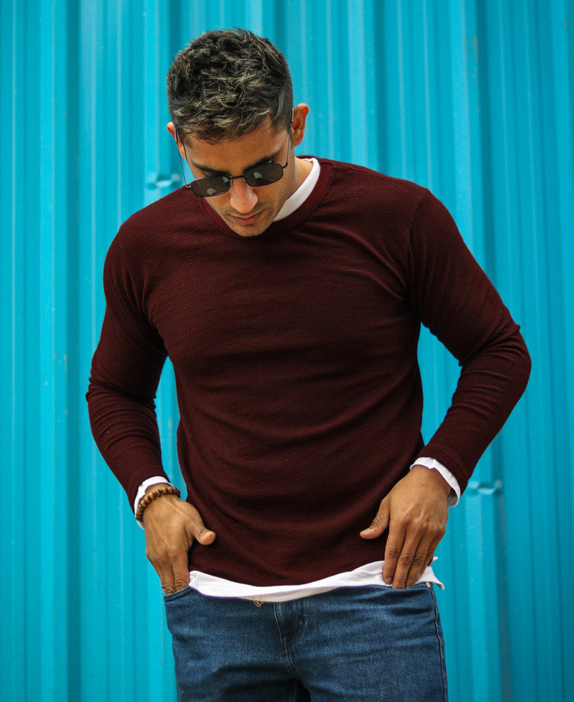 Maroon Double Crew Neck Full Sleeves T Shirt