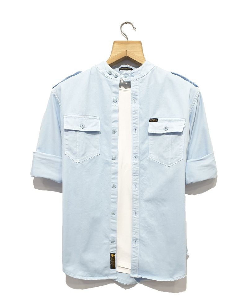 Blue Chinese Collar Denim Casual Shirt