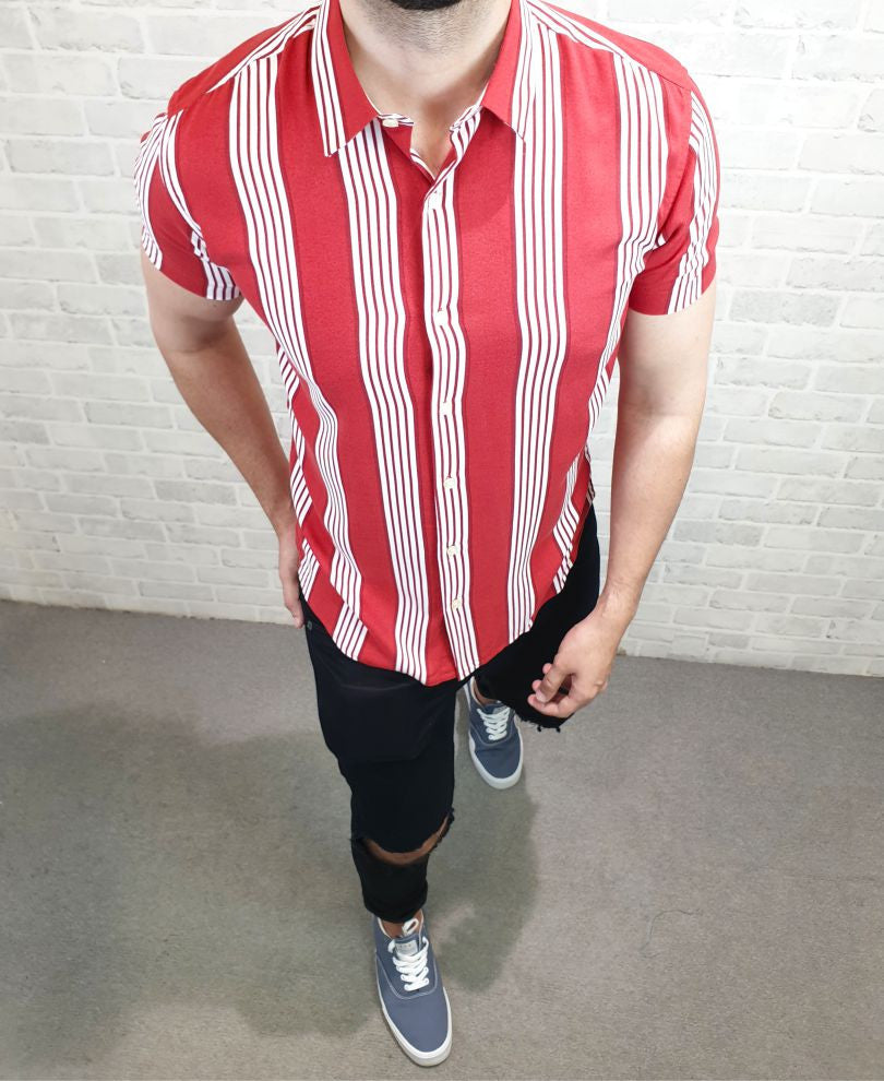 Red And White Triple Stripe Half Sleeves Shirt