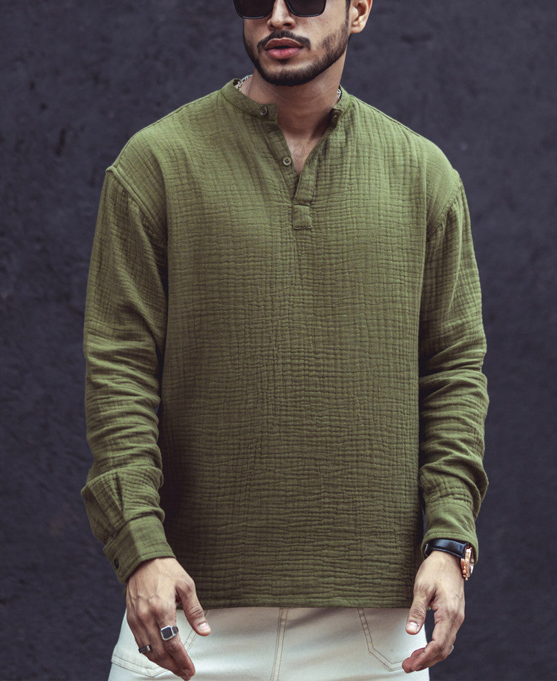 Olive Green Structured Kurta Style Oversize Drop Shoulder Shirt