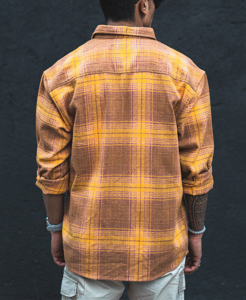Mustard and Brown Checks Shacket Oversized Shirt