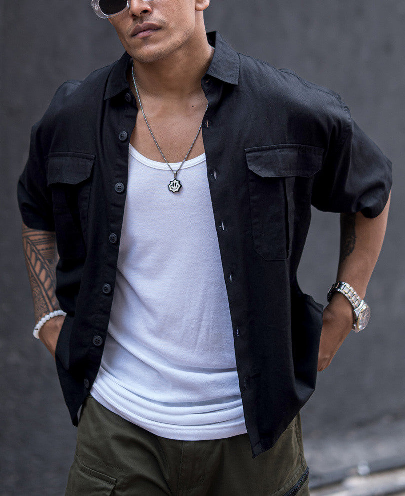 Black Three Pockets Oversize Drop Shoulder Shirt
