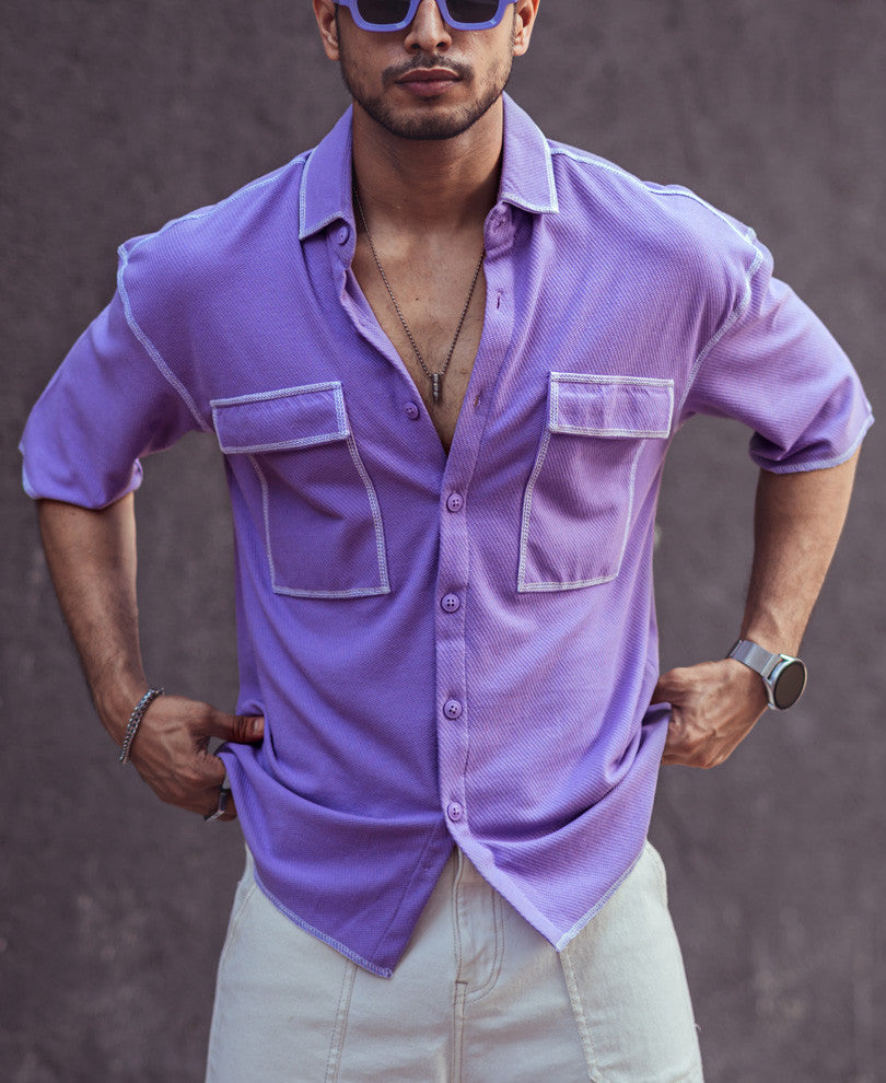 Purple Contrast Stitch Oversize Drop Shoulder Shirt
