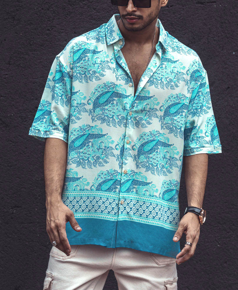 Green and Blue Ethnic Print Oversize Drop Shoulder Shirt