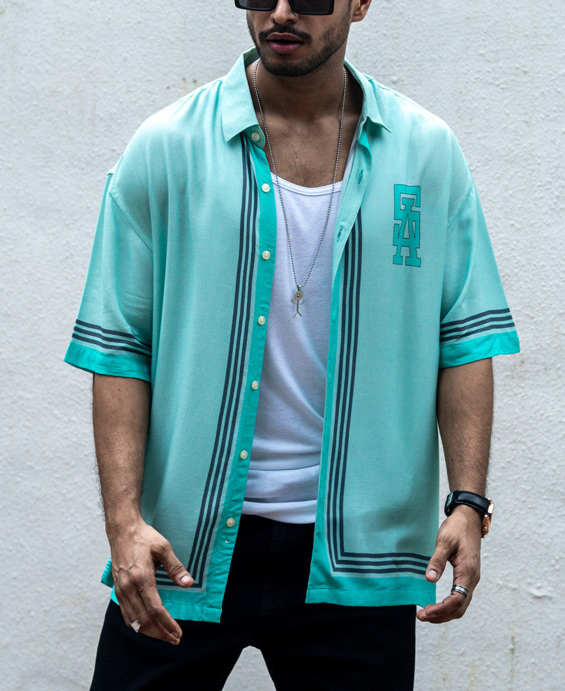Mint Green Print Oversize Drop Shoulder Shirt