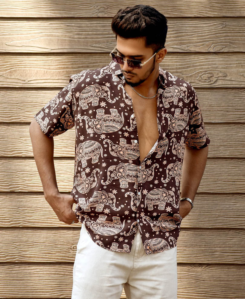 Brown Elephant Print Half Sleeves Shirt