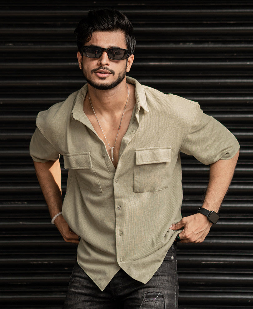 Pista Green Chest Pocket Shacket Oversize Drop Shoulder Shirt