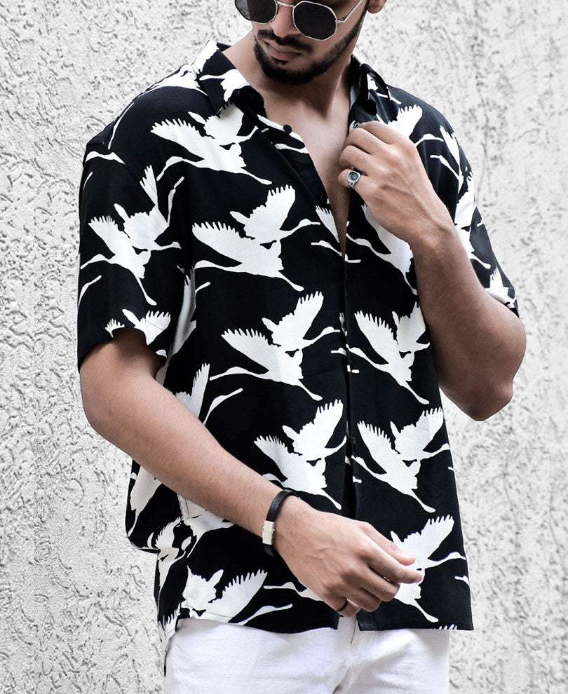 Black Swan Print Half Sleeves Shirt