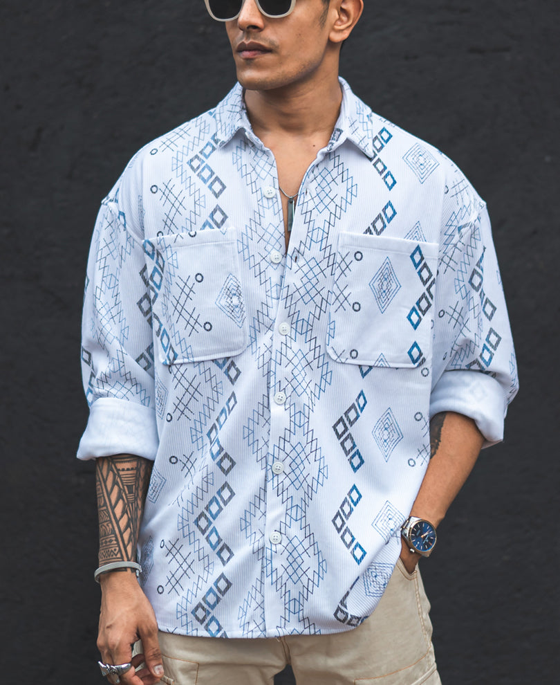 White Ethnic Print Oversized Shirt