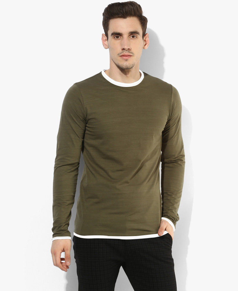 Olive Green Round Neck Full Sleeves T-Shirt