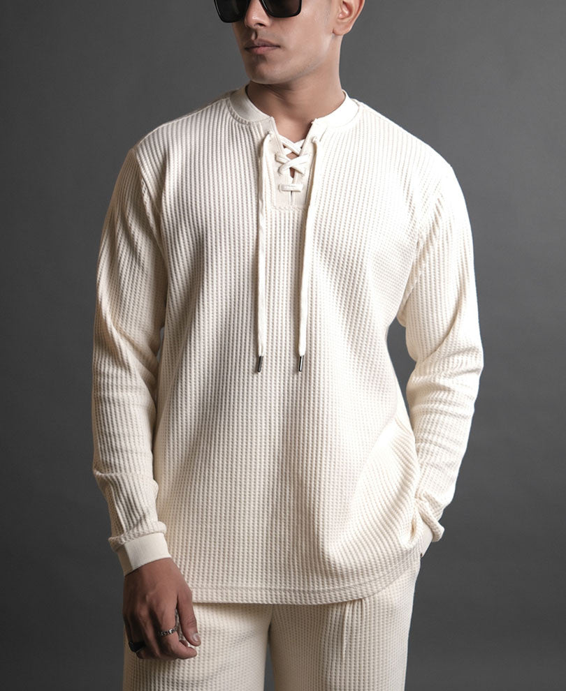 Cream Structured Full Sleeves T Shirt
