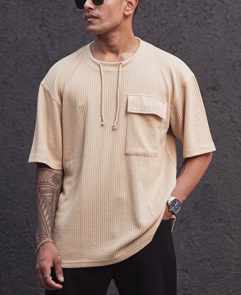 Beige Structured Oversized Half Sleeves T Shirt