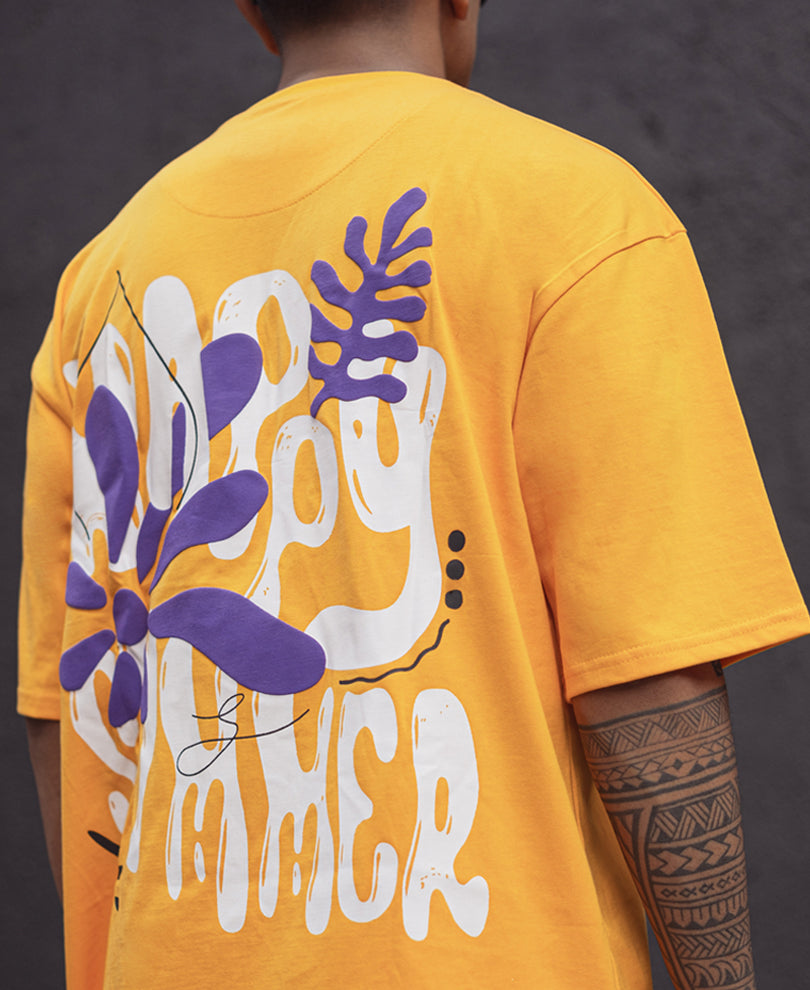 Mustard Structured Printed Oversized Half Sleeves T Shirt