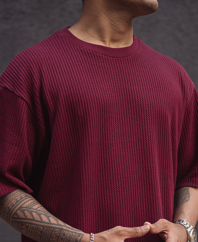 Wine Structured Oversized Half Sleeves T Shirt