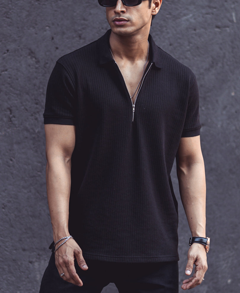 Black Structured Half Sleeves Zipper T Shirt