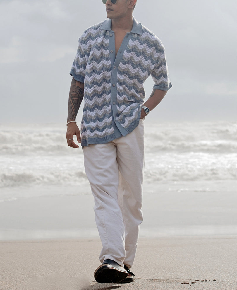 Sky Blue Structured Striped Oversized Fit Half Sleeves Shirt