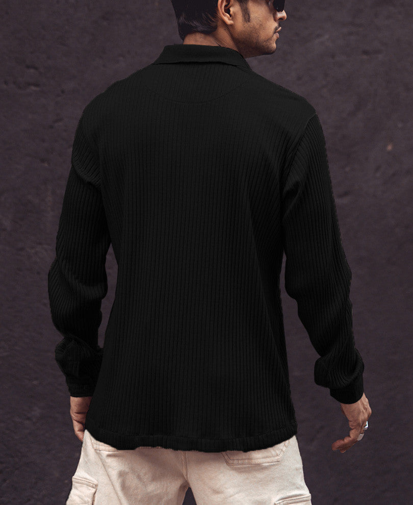 Black Rib Knit Full Sleeves T Shirt