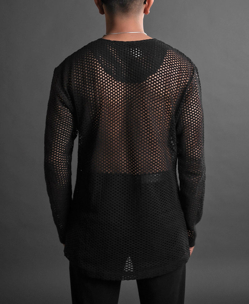 Black Crochet Full Sleeves Oversized T Shirt