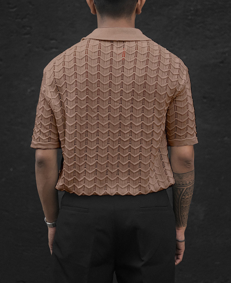 Beige Crochet Knit Half Sleeves T Shirt
