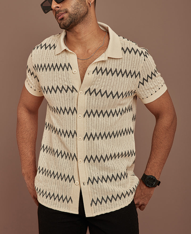 Off White Crochet Zigzag Striped Half Sleeves Shirt