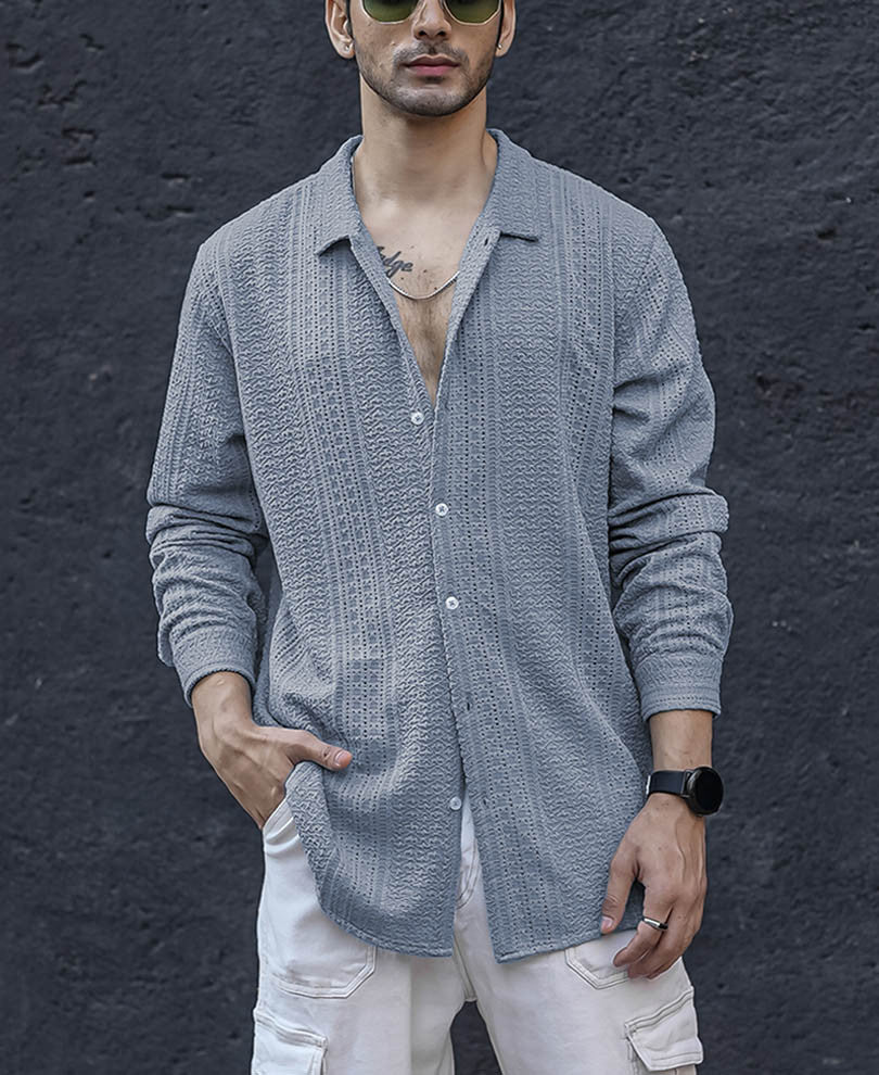Sky Grey Structured Crochet Full Sleeves Shirt