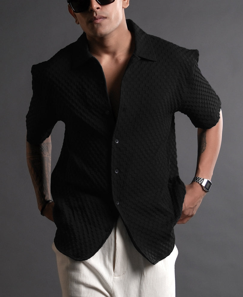 Black Textured Oversized Half Sleeves Shirt