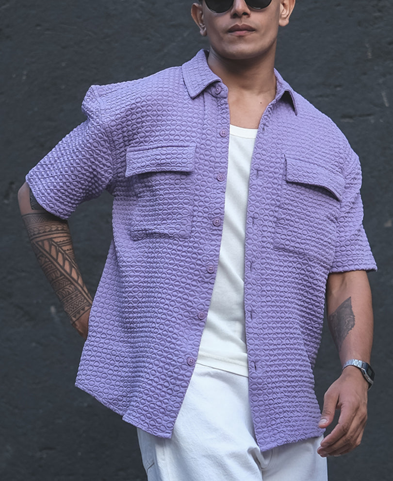 Lavender Structured Oversized  Double Pocket Half Sleeves Shirt