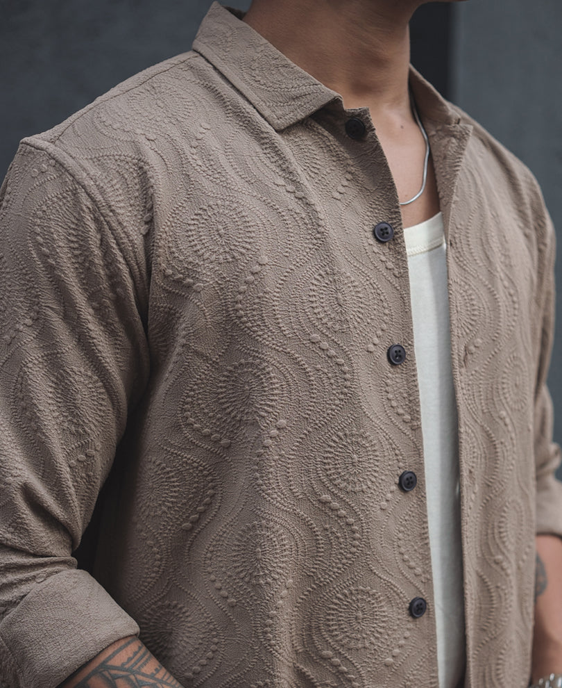 Beige Structured Regular Full Sleeves Shirt