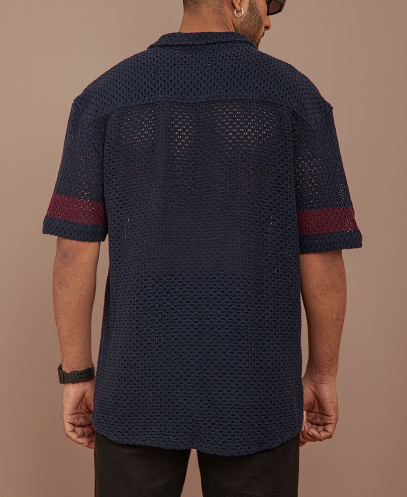 Dark Blue and Maroon Crochet Knit Striped Oversized Shirt