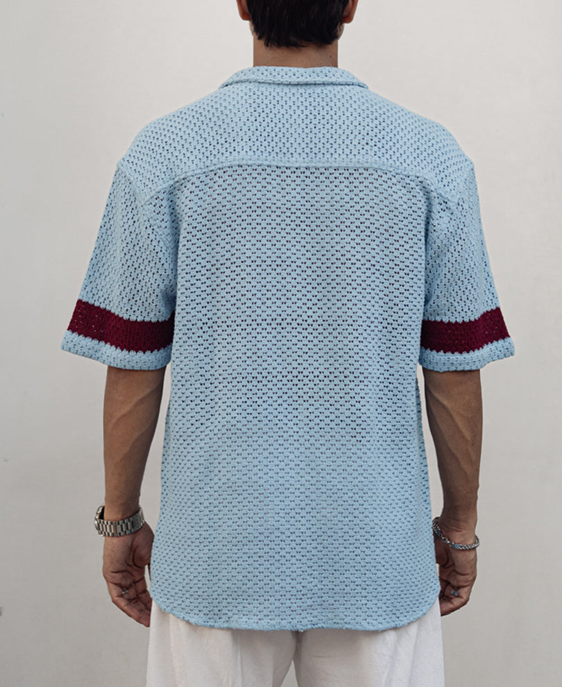 Sky Blue and Maroon Crochet Knit Striped Oversized Shirt