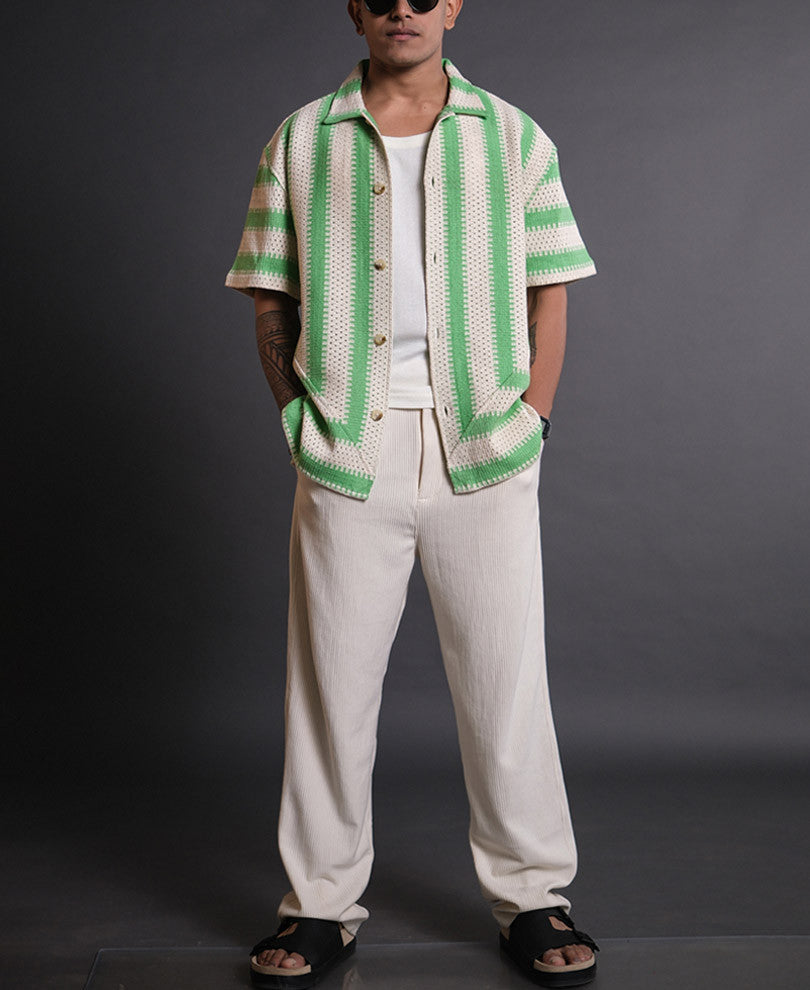 Off White and Green Crochet Knit Striped Oversized Shirt