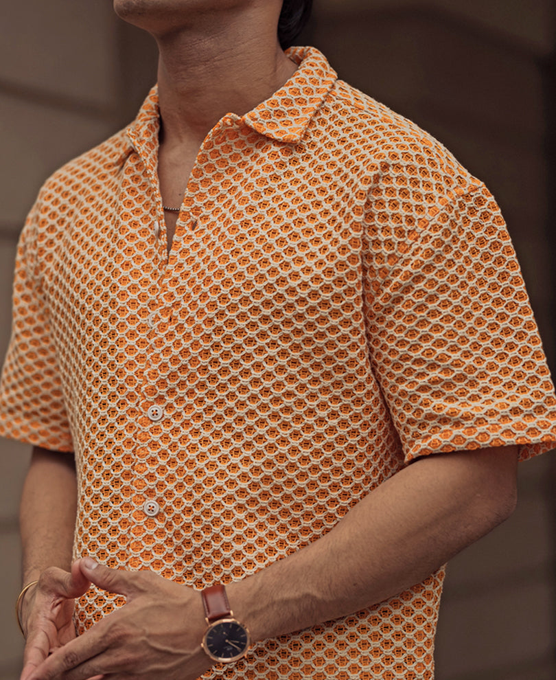 Orange and White Crochet Knit Oversized Shirt