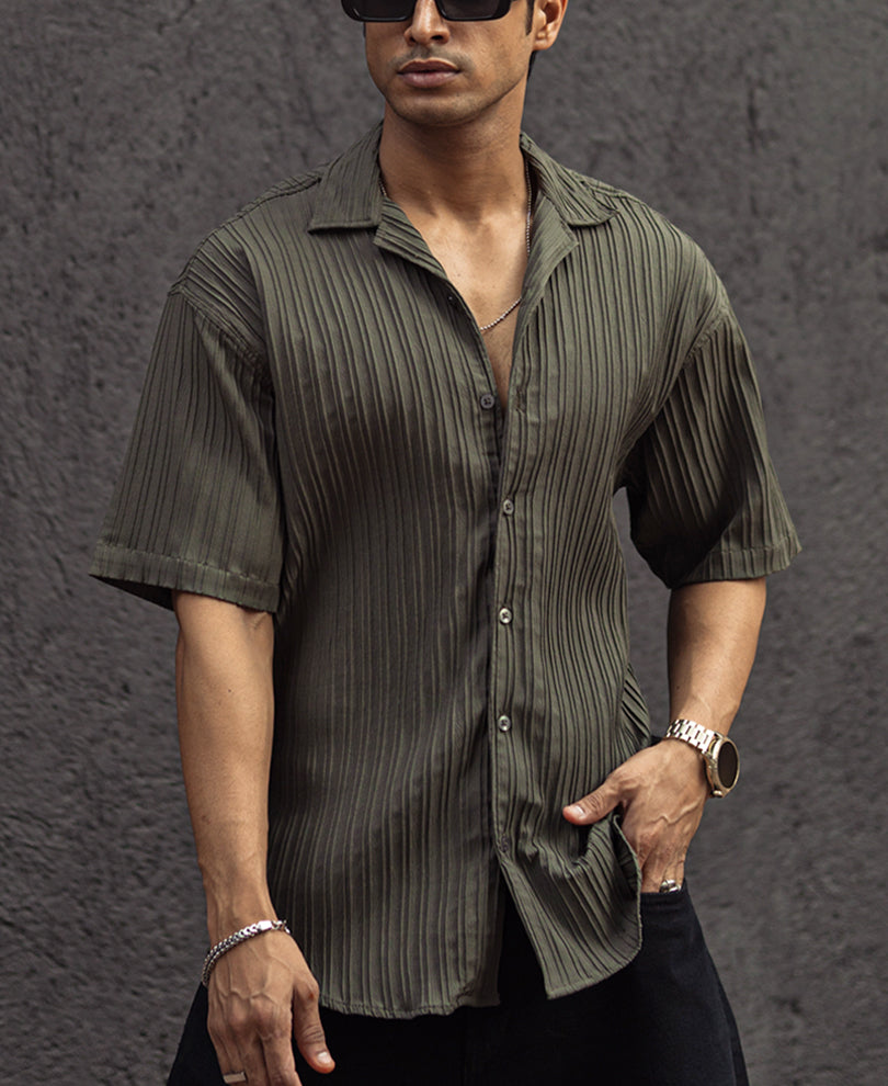 Olive Green Structured Striped Oversized Half Sleeves Shirt