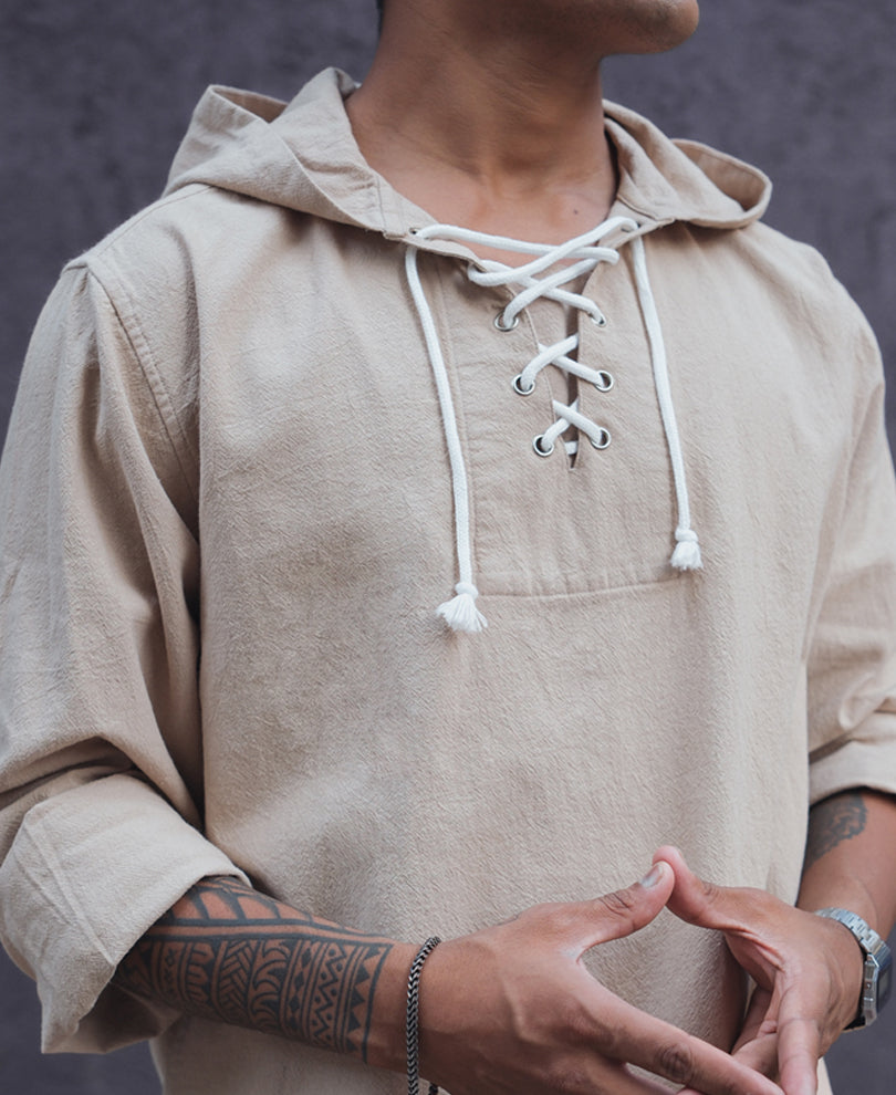 Beige Full Sleeves Hoodie Kurta Style Shirt