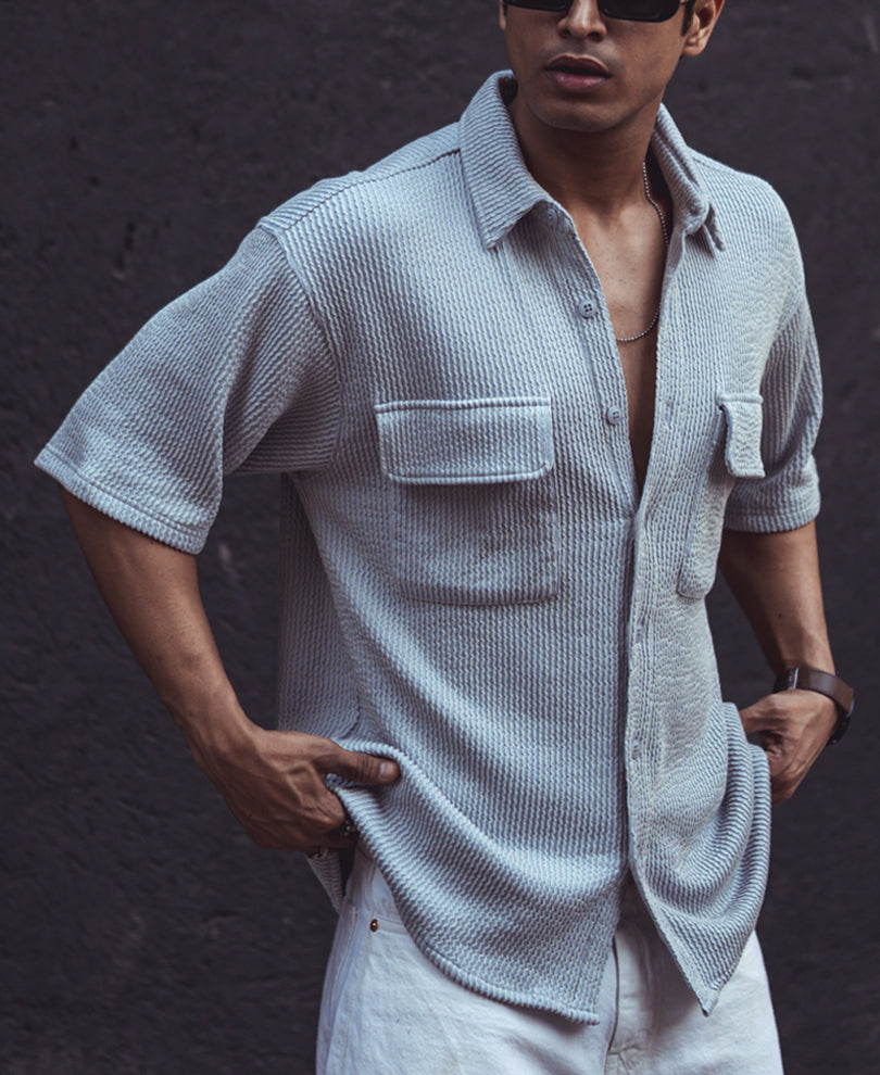 Sky Blue Structured Knitted Oversized Half Sleeves Shirt