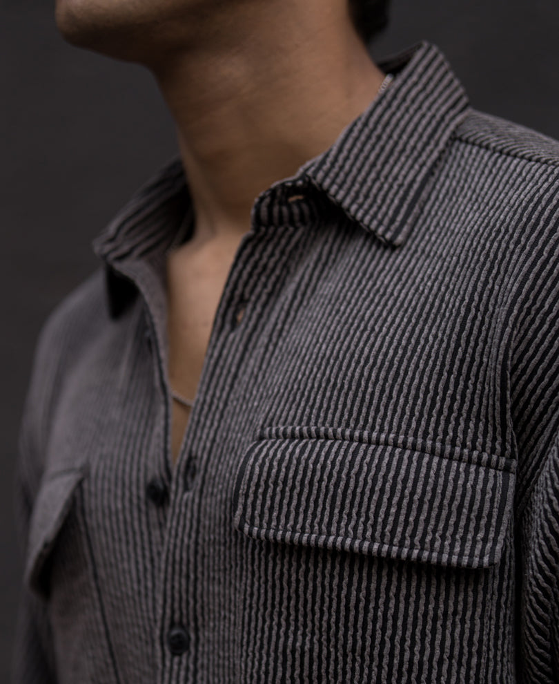 Black Structured Knitted Oversized Half Sleeves Shirt