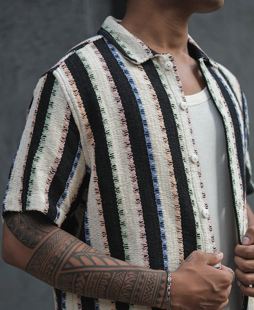 Multicolor Crochet Striped Half Sleeves Shirt