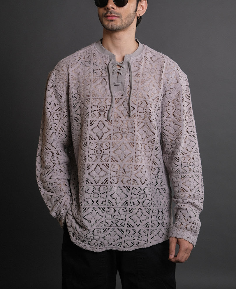 Grey Crochet Knit Oversized Kurta Style Full Sleeves Shirt
